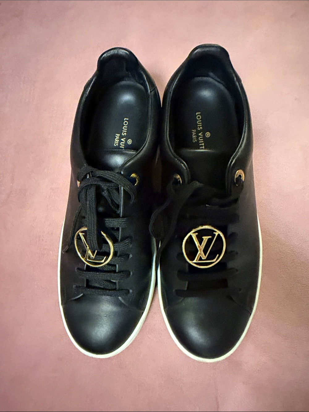 Louis Vuitton Black Leather Sneakers with Gold LV Medallions